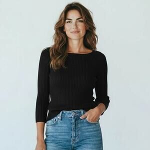 Vintage 90s Kathie Lee Collection Black Ribbed 3/4 Sleeve Pullover Top Medium